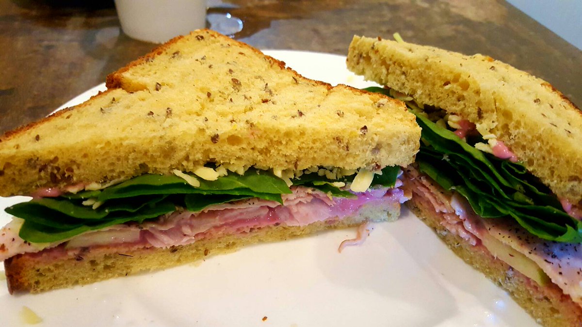 PoftheSea's tweet photo. Turkey, cheese, spinach, cranberry mayo and apples on Autumn Pumpkin bread with flax seeds! #Thanksgiving #turkey #pumpkinbread https://t.co/aNQbV4lUT1