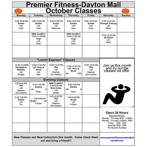 PremierLadiesFt's tweet photo. Premier Fitness Center Dayton Mall/Centerville - Group Fitness Class Schedule for October 2016. https://t.co/JIknVjD94Q