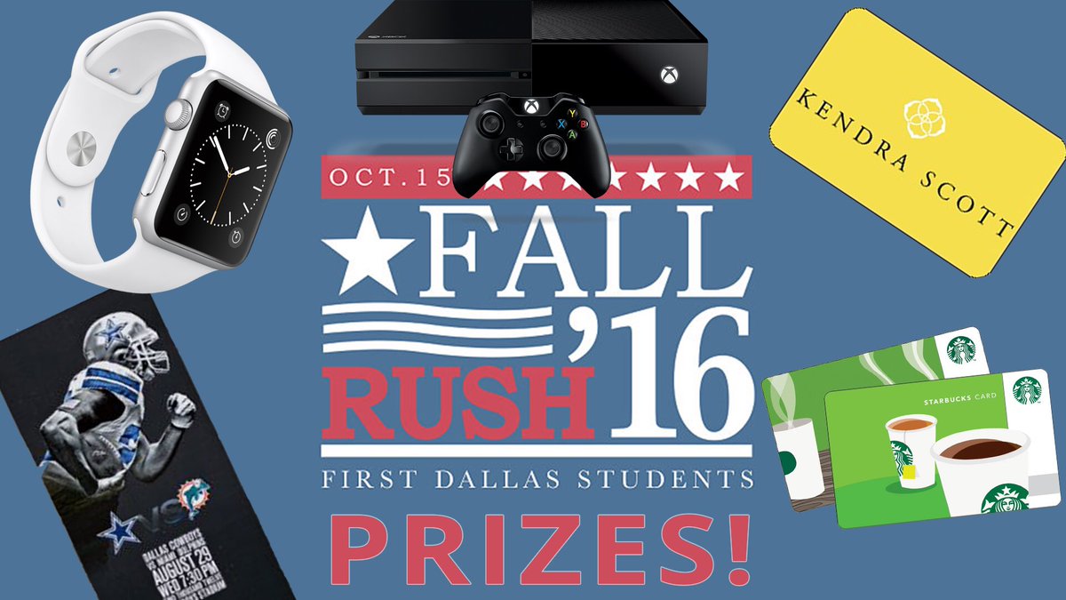 FDStudents's tweet photo. Tell your friends & tell the world! 🌎#FallRush2016 is only 4 DAYS AWAY!!See you at 5 this Sat. to win one of these amazing prizes!! 🙋🙋♂️🇺🇸 https://t.co/y6zbfz7RGU