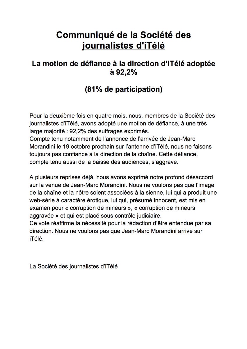 Adoption de la motion de défiance : voici le communiqué de la SDJ d'iTélé