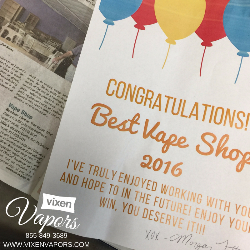 vixenvapors's tweet photo. Thanks to everyone and FW Weekly for being so awesome! #vixenvapors #fwweekly #bestvapeshop2016 #vape https://t.co/gnwWJc6ejM