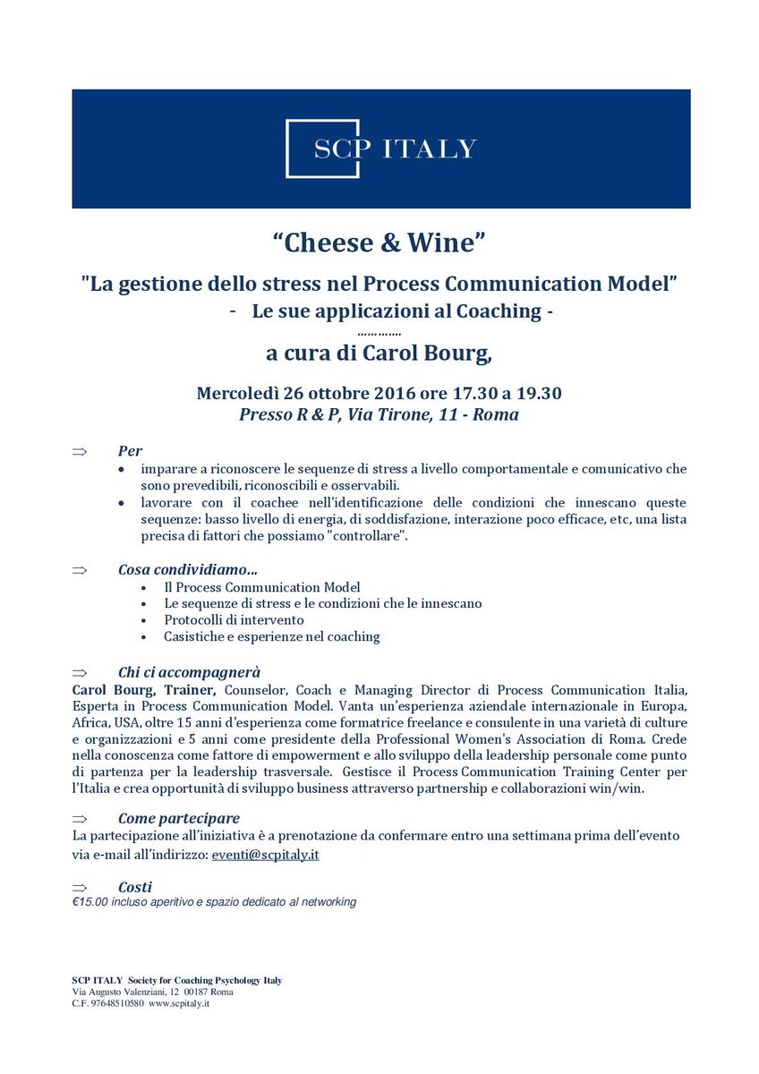 SCPItaly's tweet photo. Pronti per la 2° Coaching Psychology Hour? Il 26 ottobre SCP Italy ospiterà la Dott.ssa Carol Bourg, esperta in Process Communication Model! https://t.co/gtdTslF9ZA