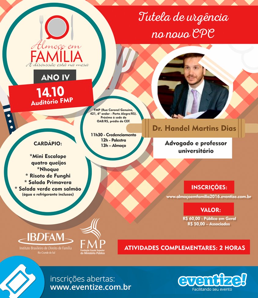 eventizebr's tweet photo. Inscrições abertas para o Almoça em Família https://t.co/CiL3h2Evwd
Realização: #IBDFAMRS
#eventize #reunião #palestra #inscriçãoonline https://t.co/iH5gqX41rJ