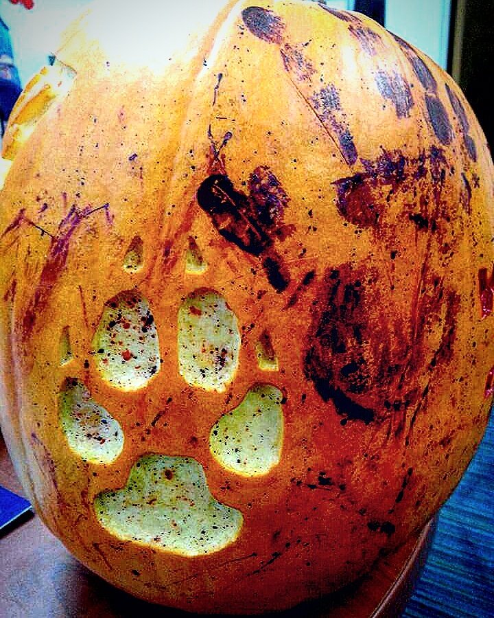 Joan_of_Shark's tweet photo. @bethesda @Fallout I did this last year but forgot to tweet it. Maybe you'll enjoy this as much as I did carving it! 4 sides to 1 pumpkin. https://t.co/6zGSSEY5NH