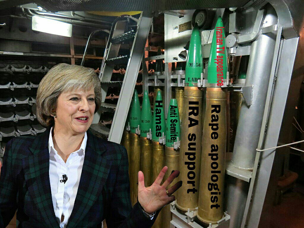 JCSpinDoctor1's tweet photo. Theresa May inspecting some of the ammunition she's stockpiling against dear leader for 2020 General Election #BringItOn #JezWeCan https://t.co/m6A3Pu5nfX
