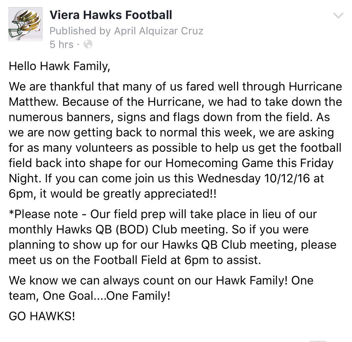 ATTN: All Volunteers needed tomorrow, Wed. 10/12 at 6pm VHS Football Field!! 🏈
