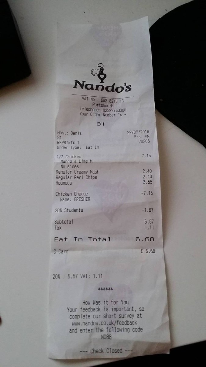 Rob_Fraser_Dev's tweet photo. @NandosUK The other week I had a banging cheeky nandos but I can't find a code on my receipt to add the chilli to my card 1832 9144 3782 11! https://t.co/wHJP01zvv1