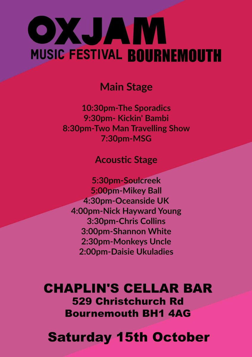 Evening sessions at <a href="/chaplinscellar/">Chaplins Cellar Bar</a> 15th Oct The Sporadics, Kickin Bambi, Two Man Travelling Show and MSG bournemouthoxjam.co.uk #oxjam