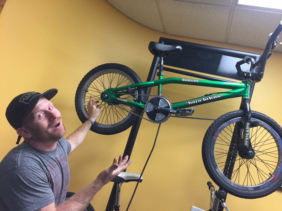 harobmx's tweet photo. We had @ryannyquist stop by the Haro HQ and he posed for a photo in front of his beloved #backtrail signature bike from a few good years ago https://t.co/tkaAexzKAm