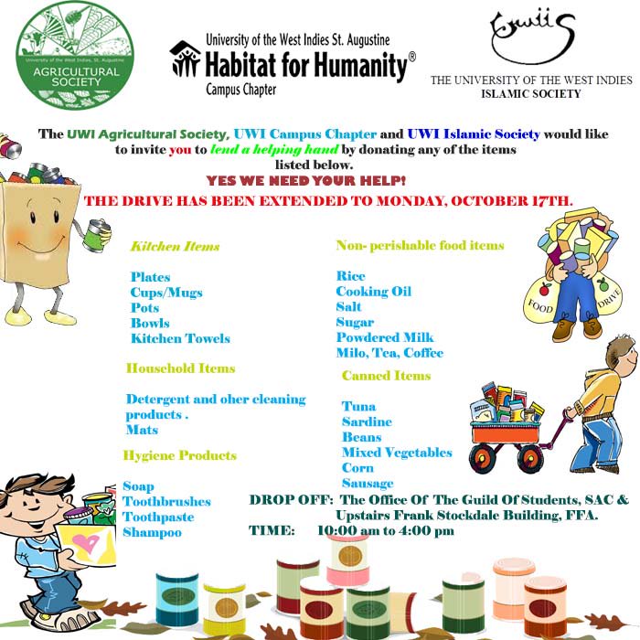 UWI_Habitat's tweet photo. Just a gentle reminder that the Food drive has been extended to Monday, 17th October. Please lend a helping hand. #HFH #fooddrive #support https://t.co/Kf2ZqpdXO9