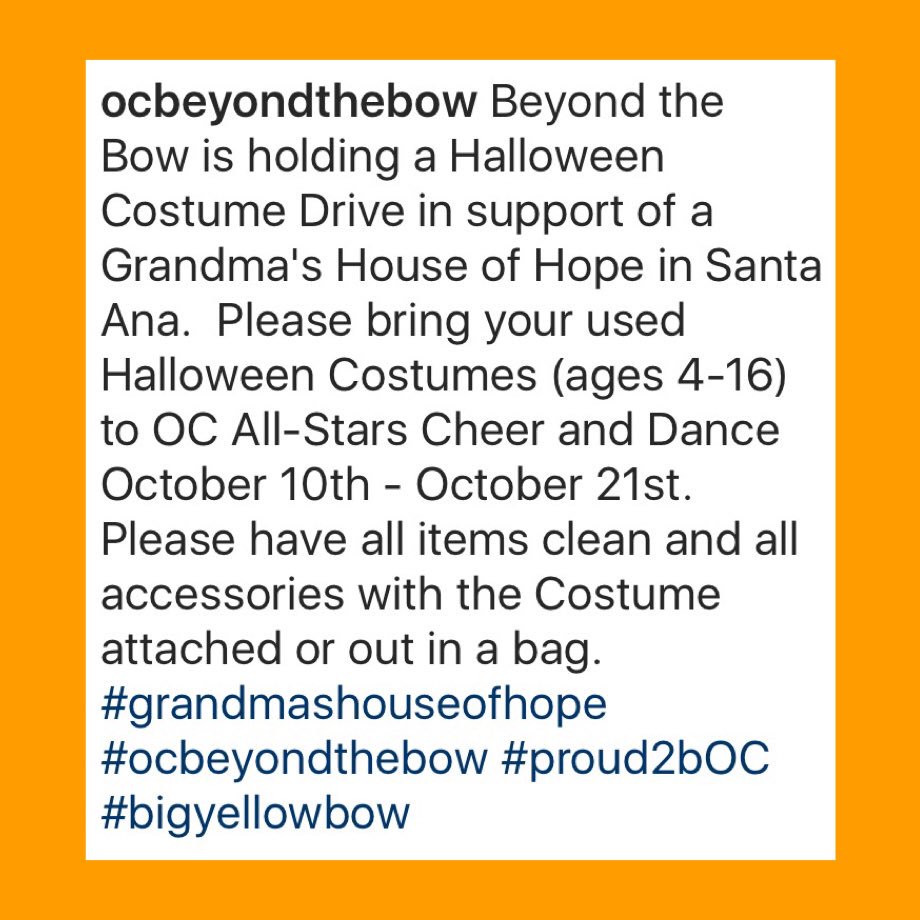 ocbeyondthebow's tweet photo. It's a Halloween Costume Drive in Support of Grandma's House of Hope in Santa Ana. Bring in used costumes 2 @OCAllStars_  c flyer 4 details https://t.co/yii67OjjWo