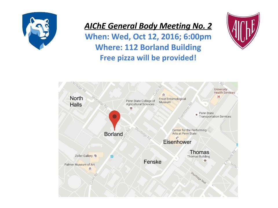 PSUAIChE's tweet photo. Our October GBM is in 112 Borland building, map provided!
 AIChE THON meeting will be in the same room right after! https://t.co/yxEiHis2GQ