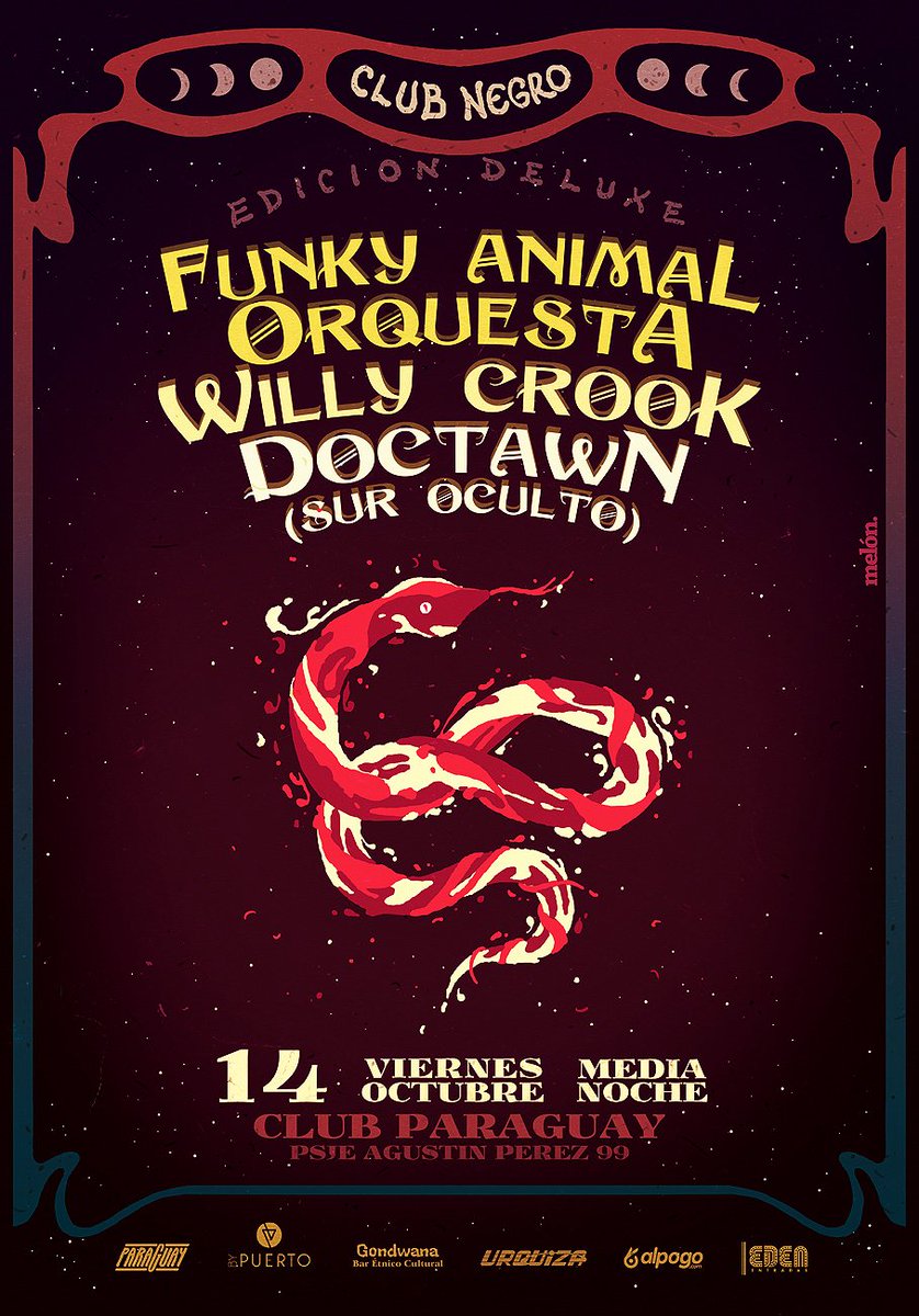 14/10 23.59hs Club Negro en <a href="/Club_Paraguay/">Club Paraguay</a> <a href="/comocrook/">Willy Crook</a> <a href="/funkyorquesta/">FunkyAnimalOrquesta</a> <a href="/Surocultoo/">SUR OCULTO</a>-$215/$145- bit.ly/2cuDviL