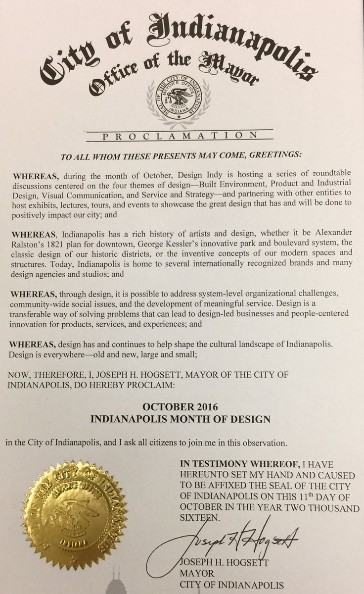 DesignIndyUS's tweet photo. It's official! Oct IS the Month of Design in Indy!! Thanks, @IndyMayorJoe https://t.co/U03Nez8CPV