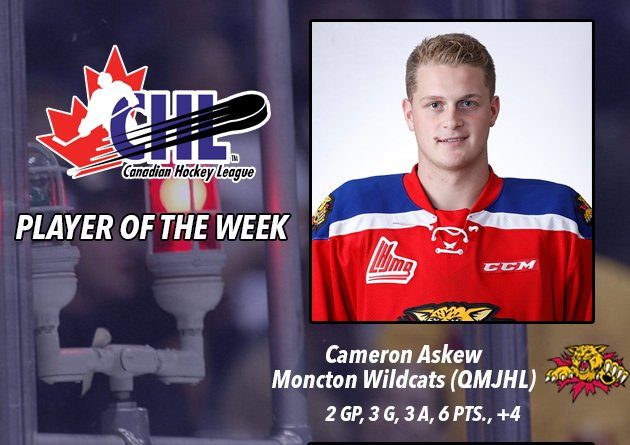 #CHL Player of the Week is <a href="/CamAskew19/">Cam Askew</a> of <a href="/QMJHL/">QMJHL</a> <a href="/monctonwildcats/">Moncton Wildcats</a>: 6PTS (3G 3A) +4 in 2GP - 1st star x 2: