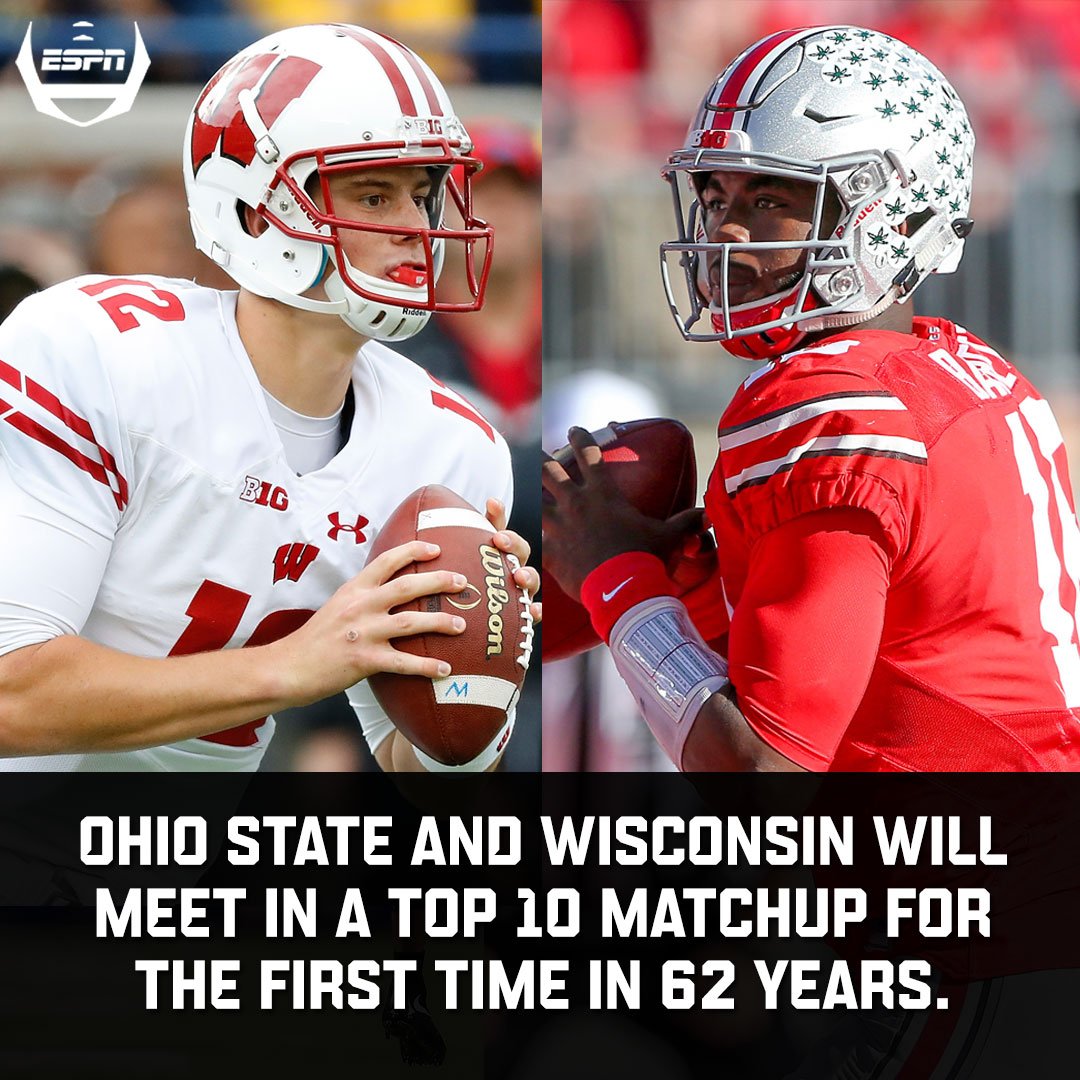ESPNCFB's tweet photo. This weekend's Top 10 matchup between No. 2 Ohio State and No. 8 Wisconsin is going to be epic. https://t.co/vhYciPWKHG