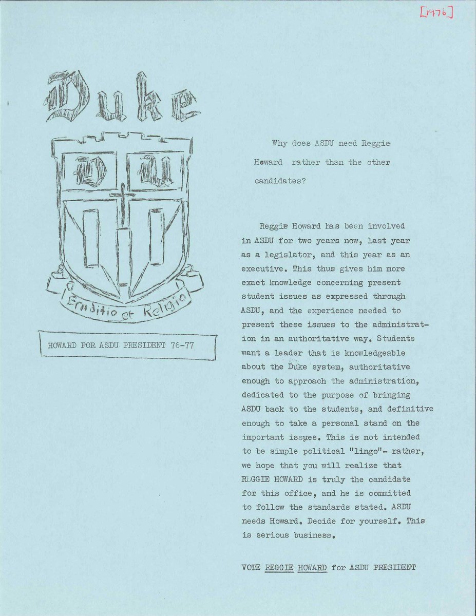 dukeuarchives's tweet photo. Find of the Day: a campaign leaflet for Reggie Howard, @DukeU's 1st African-American student govt president. @DukeStudentGov @DukeOUSF https://t.co/dla5K4BYAa