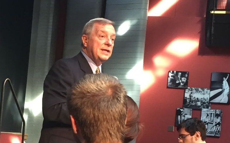 jplevka's tweet photo. @SenatorDurbin rips @realDonaldTrump at #GetOutTheVote visit at @IL_Wesleyan. @The_Vidette's @TomHeagney story. https://t.co/q4bi6yBprh https://t.co/t9gXWGtzaZ