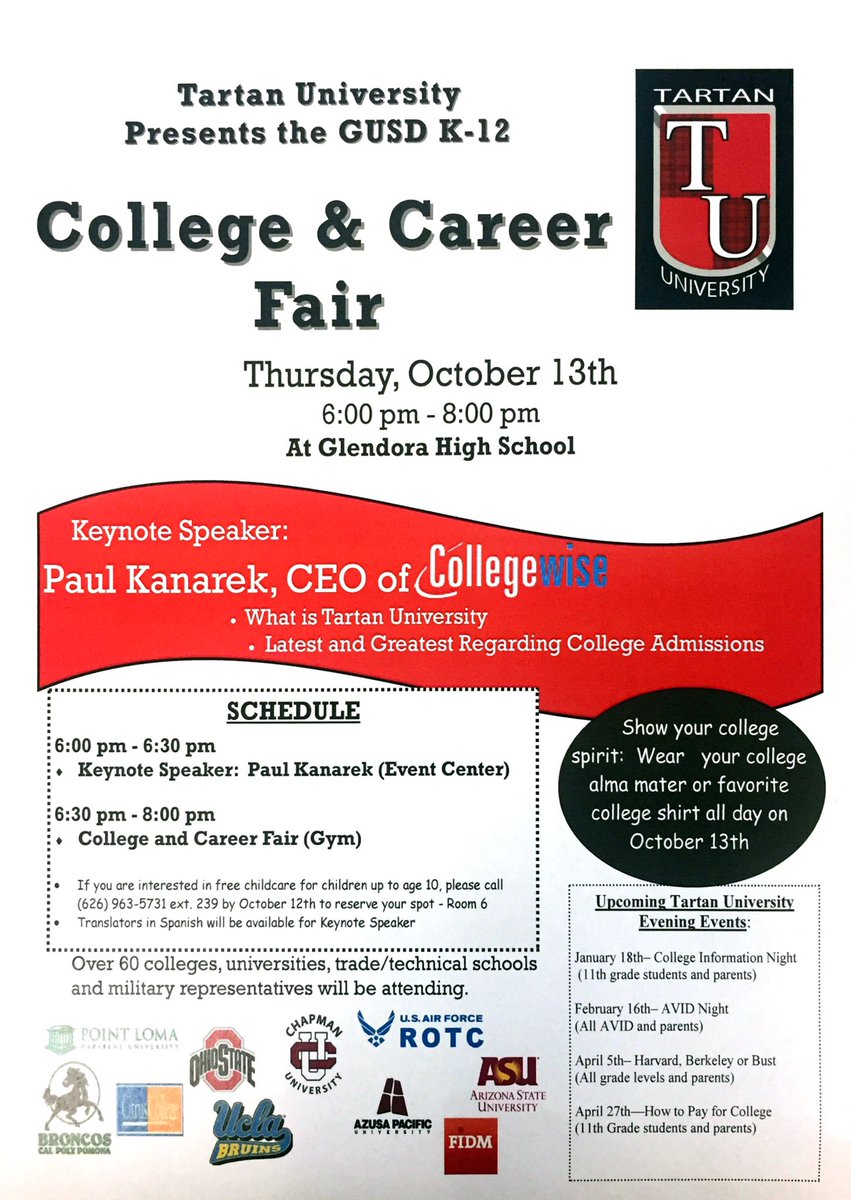 jnorell5's tweet photo. If you are a Glendora student or parent you don't want to miss Paul Kanarek #TartanUniversity #ThanksGEF #CollegeCareerNight https://t.co/TRfQoVbyqH