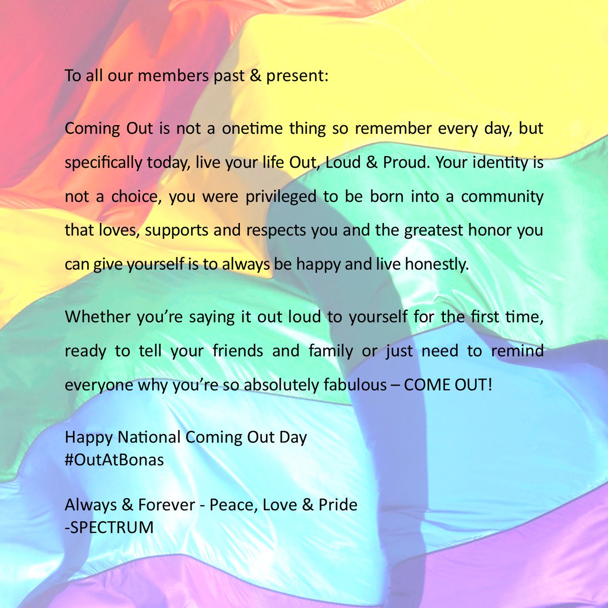 SBU_SPECTRUM's tweet photo. To All Our Followers:
Happy #NationalComingOutDay
#OutAtBonas https://t.co/L1EwKLTGxe