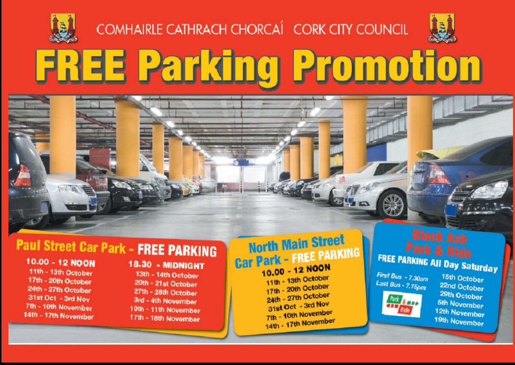 Great news everyone. <a href="/corkcitycouncil/">Cork City Council</a>  have announced a #freeparking promotion on the city centre.
#comeback #tothecity #corkcity