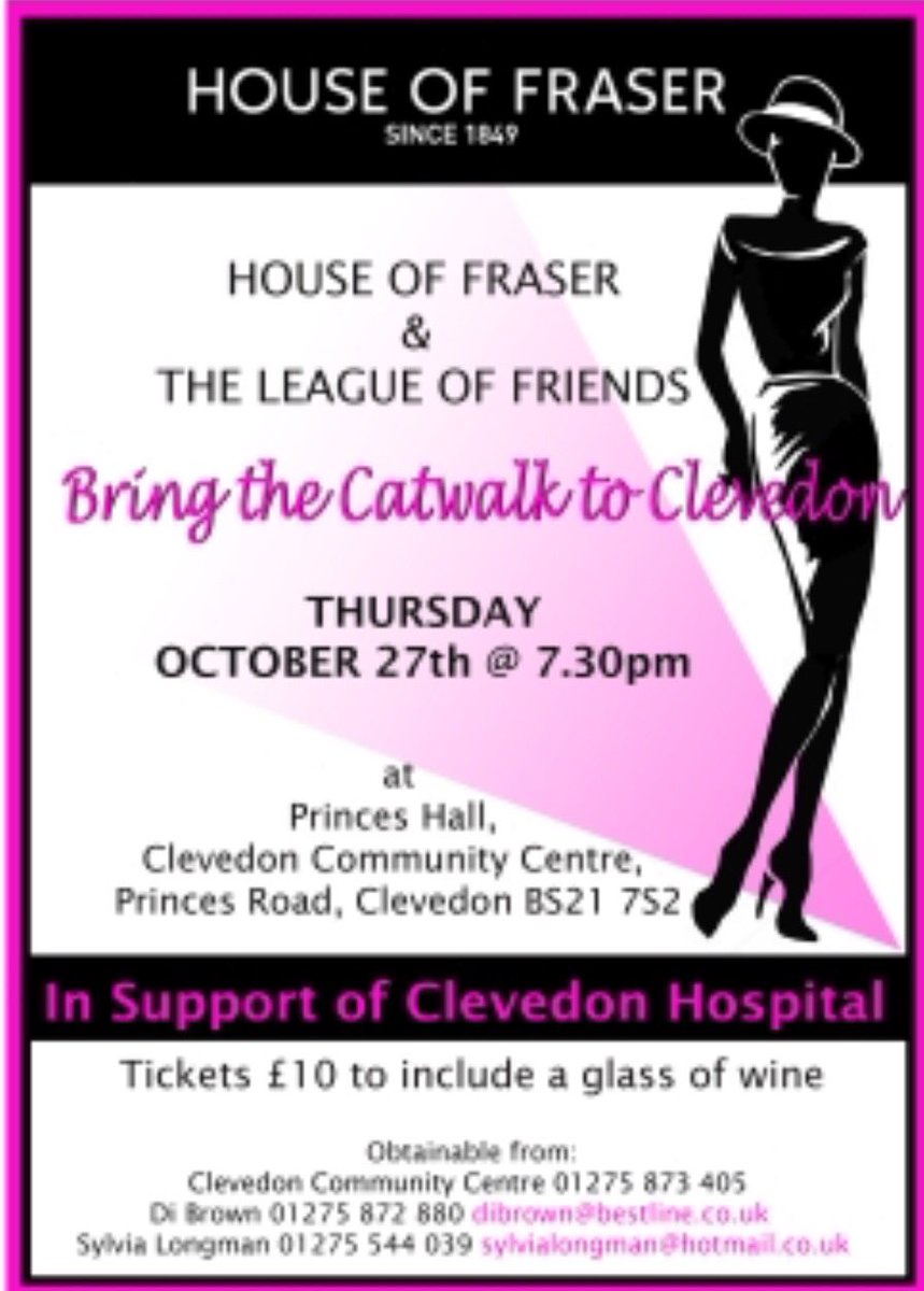 ClevedonCC's tweet photo. Clevedon Hospital League of Friends
Fashion Show hosted by HOUSE of FRASER 27th October at 7:30pm @ClevedonCC https://t.co/xCoojVFJrc https://t.co/Nuo80PKvyb