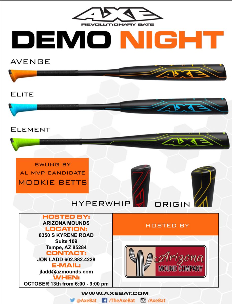 AZ_MoundCo's tweet photo. October 13th is just a couple days away. Demo Night from 6-9pm. Talk to an @AxeBat representative while hitting on our @HitTraxBaseball https://t.co/3sRuajP0vO