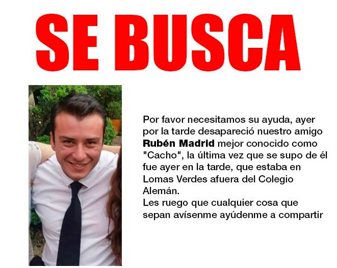 PolancoCDmx's tweet photo. Ruben Madrid (Cacho) salió ayer de su casa al trabajo y desde entonces no sabemos nada de él. Por favor #compartan ! #AYUDA #SEBUSCA RT https://t.co/zlQQ1q5MeK