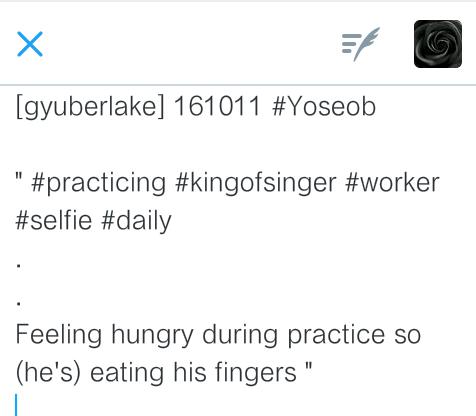 beautifulylight's tweet photo. [gyuberlake] 161011 #Yoseob

" #practicing #kingofsinger #worker #selfie #daily
.
.
Feeling hungry during practi... https://t.co/vqo9LKCHXS