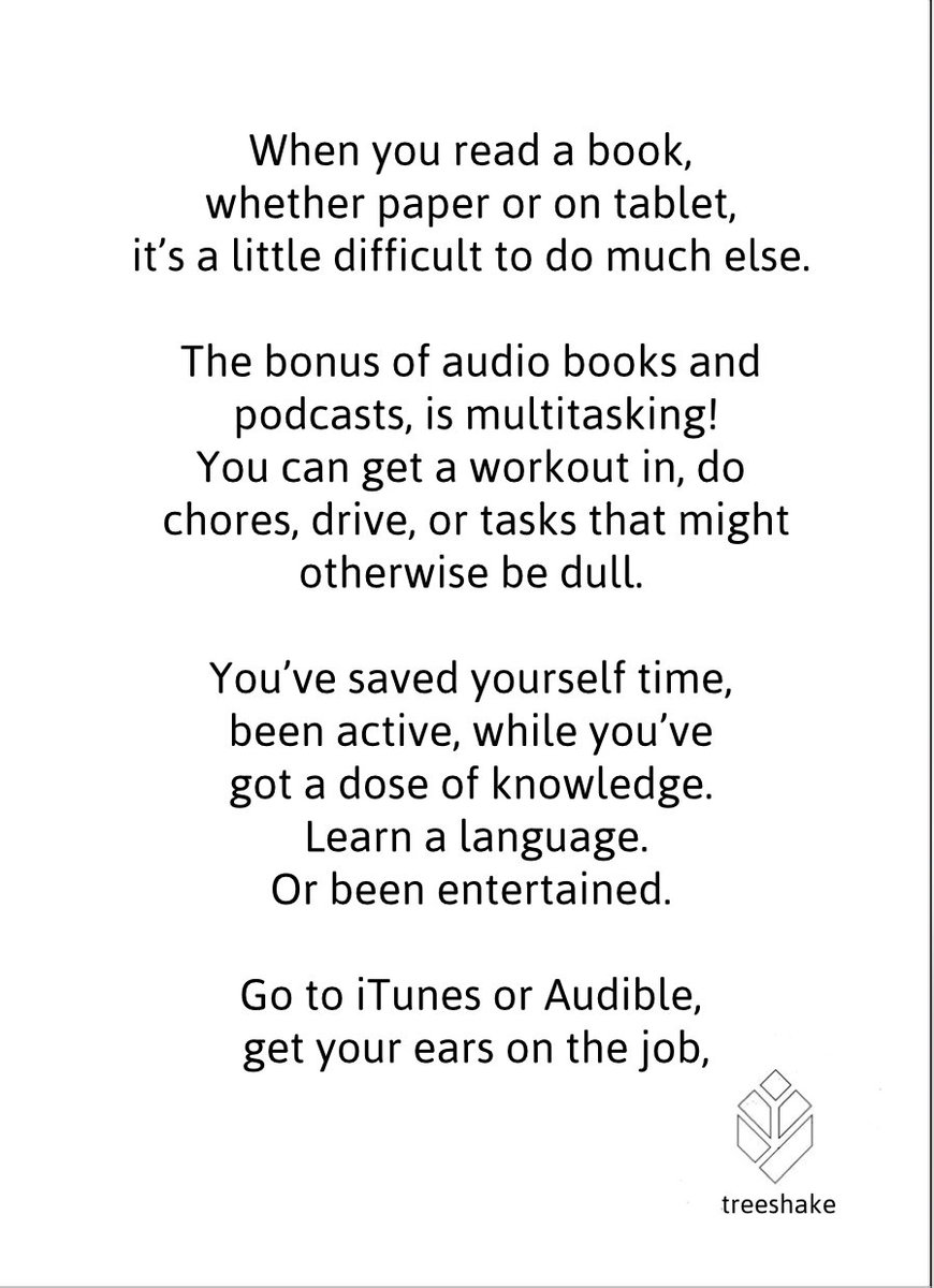 treeshake's tweet photo. Listening to podcasts or audiobooks lets you get a dose of knowledge while being active, driving or doing dull tasks. #TreeshakeTips https://t.co/LzdDCIz12P