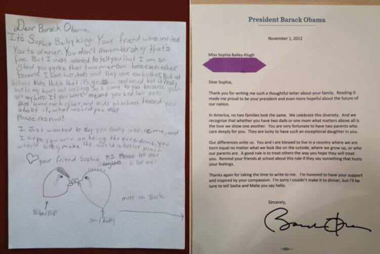 makesmilk's tweet photo. A girl with 2 dads wrote to Obama and got this reply. Can you imagine #DonaldTrump's reply? https://t.co/QdECZdvg7Y