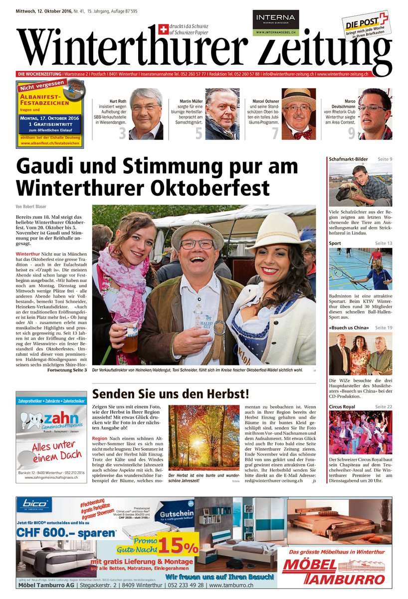 Neuste Ausgabe mit: #Oktoberfest, <a href="/sbbnews/">SBB Medienstelle</a>, <a href="/NatalieRickli/">Natalie Rickli</a>, <a href="/ChantalGallade/">Chantal Galladé</a>, <a href="/RuediNoser/">Ruedi Noser</a>, #Badminton, <a href="/AlfaRomeo_SA/">Alfa Romeo SA</a>, #Circus und #Radball