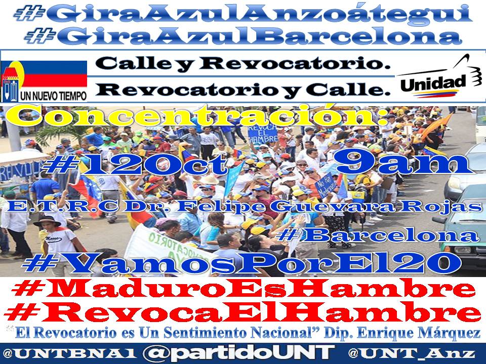 tirsojgonzalez's tweet photo. #12Oct #VamosPorEl20 #TomaDeVenezuela #Plan1356 #Barcelona #Anzoategui @unidadvenezuela @partidoUNT @VZporelCambio @UNT_Anz @chaimbucaran https://t.co/pFYLGWzcfl