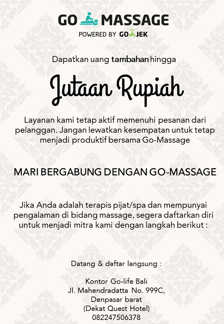 gomassageID's tweet photo. GO-JEK INDONESIA-Lowongan TERAPIS PIJAT GO-MASSAGE,daftar online: https://t.co/EZQsuraysk #infoloker #lokerbali #GOJEK #GOMASSAGE @BaliLoker https://t.co/lSu59fnD3t