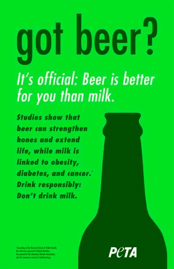Es oficial: la cerveza es mejor para ti que la leche. Los estudios muestran que la leche puede fortalecer tus huesos y alargar tu vida, mientras que la leche está unida a obesidad, diabetes y cáncer. Bebe responsablemente. No bebas leche.