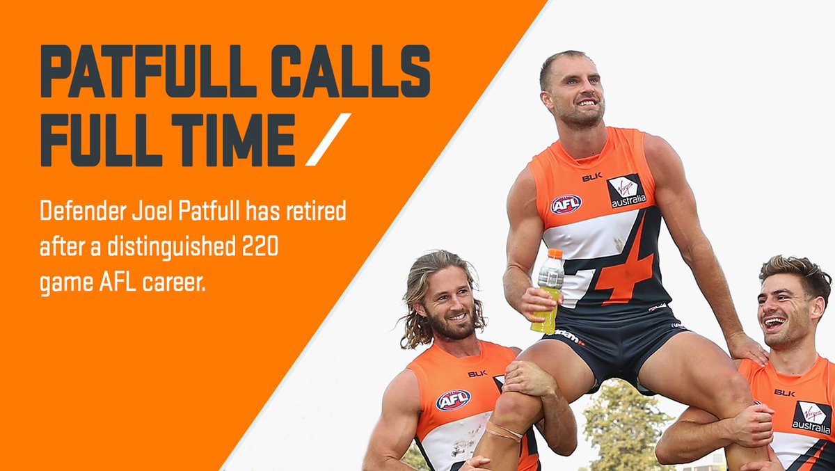 GWSGIANTS's tweet photo. Defender Joel Patfull has announced his retirement from the game. Congratulations on a wonderful career Joel.
https://t.co/x5ybMdsouc https://t.co/kPN9rRPTtk