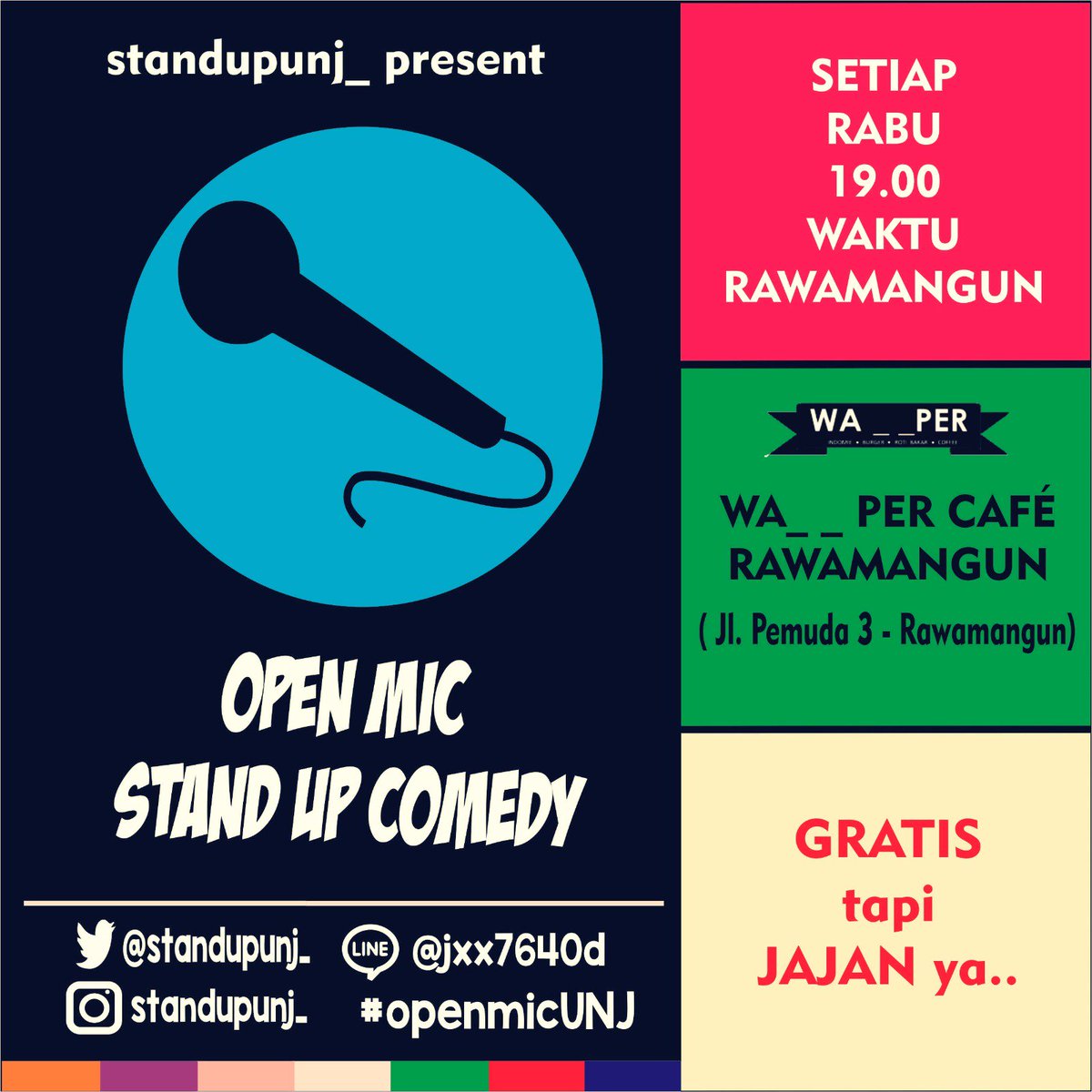 Malam ini! 
#openmicunj di WA__PER Cafe Rawamangun jam 8 malam. 
Mari ramaikan!
Cek <a href="/StandUpUNJ_/">Stand Up Comedy UNJ</a>