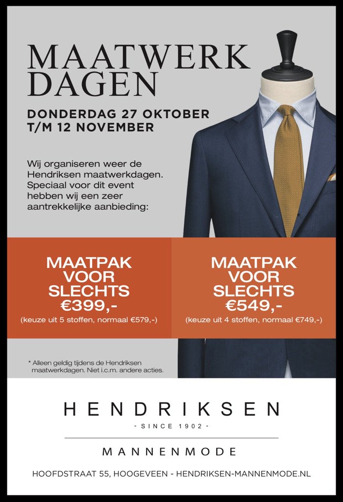 Bel of mail nu voor een afspraak!
0528262709 / info@hendriksen-mannenmode.nl
Wij staan voor je klaar, welkom☕️
