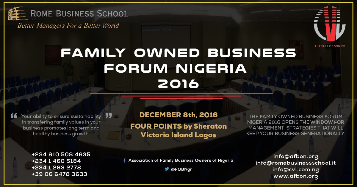 FOBNgr's tweet photo. Take your business to the next level. Attend the Family-Owned Business Forum coming up on the 8th of December 2016 at Four Points, V/I Lagos https://t.co/Gah656kaH7