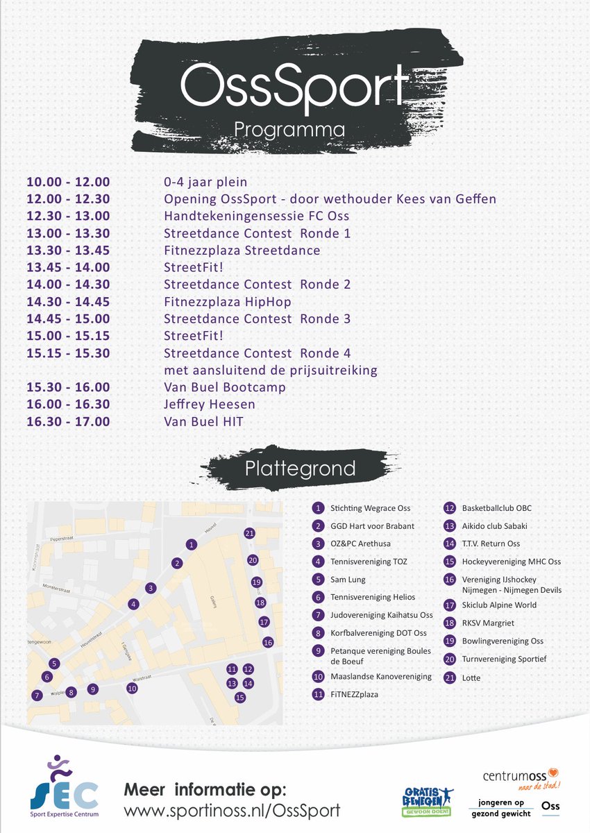 Maar liefst 21 verenigingen aanwezig bij OssSport! Bekijk de afbeelding voor het gehele programma van OssSport 2016