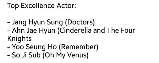 ShinHeeDa's tweet photo. Top Excellence Actor : Jang Hyun Sung (Doctors); Ahn Jae Hyun (CATFK) #2016KDA. Wahh #AhnJaeHyun dpt 2 penghargaan^^ https://t.co/HruZZ2qmcA