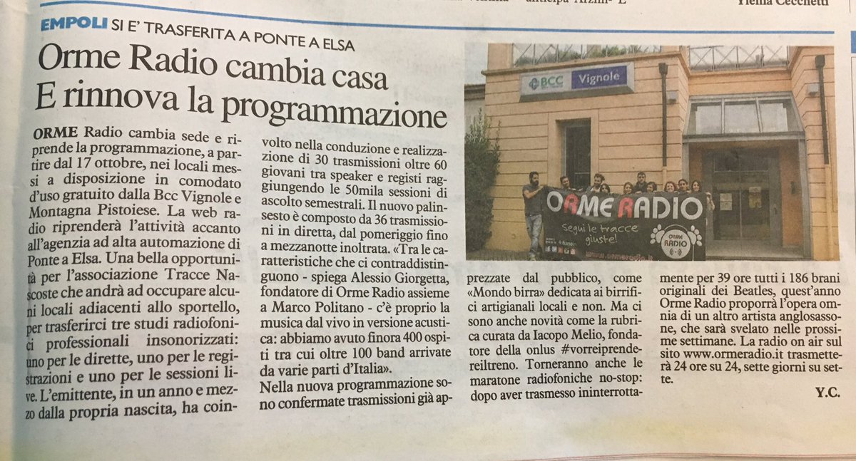 ormeradio's tweet photo. #OrmeRadio cambia casa e rinnova la programmazione! 
Via @qn_lanazione #empoli 
#bccvignole https://t.co/i7pgsEvSgk