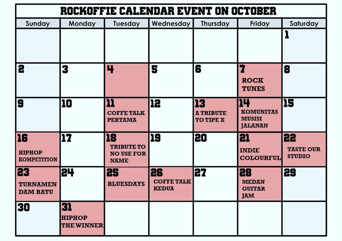 RockoffieCafe's tweet image. Kalender event #rockoffie
Bulan Oktober 2016
....
#spiritofthecommunity #eventgratis #eventmedan #rockoffie