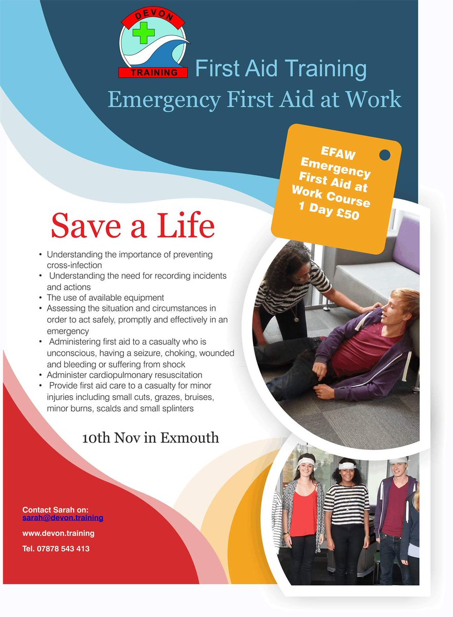 east_devon's tweet photo. Β£50 for EFAW Β£65 for RYA Course. #firstaid #firstaider #devon #devontraining @Exm_Bus_Cent @exmouthguide https://t.co/ni0F91TJhf