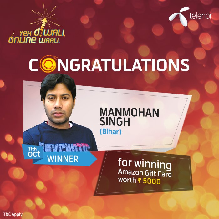 TelenorIndia's tweet image. Manmohan Singh, ready to take your family Diwali shopping? Congratulations on winning Amazon gift card worth Rs. 5000. #YehDiwaliOnlineWaali