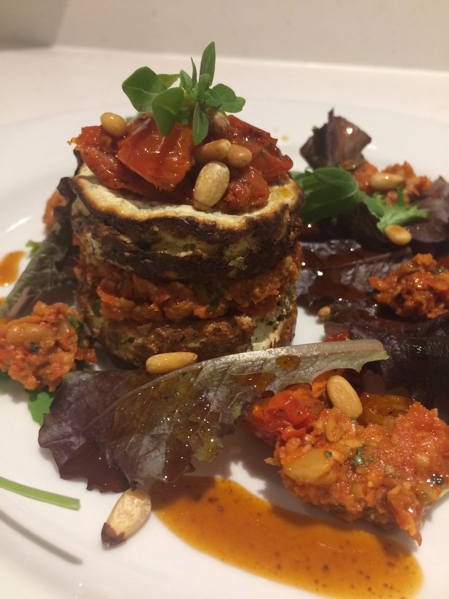 holmanleanne's tweet photo. Our Herbed ricotta cake with tomato pesto &amp; baby leaves. 
#glutenfree #vegetarian #dinnerparty
https://t.co/w2JNzfYTKK https://t.co/Y1NEWQZL8D