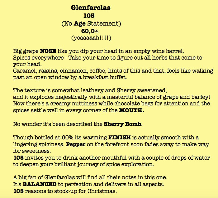 Third on the #AxingCorner: <a href="/glenfarclas/">Glenfarclas Whisky</a> #105.
An affordable cask strength sherried beauty that warms the mouth with all the right spices!