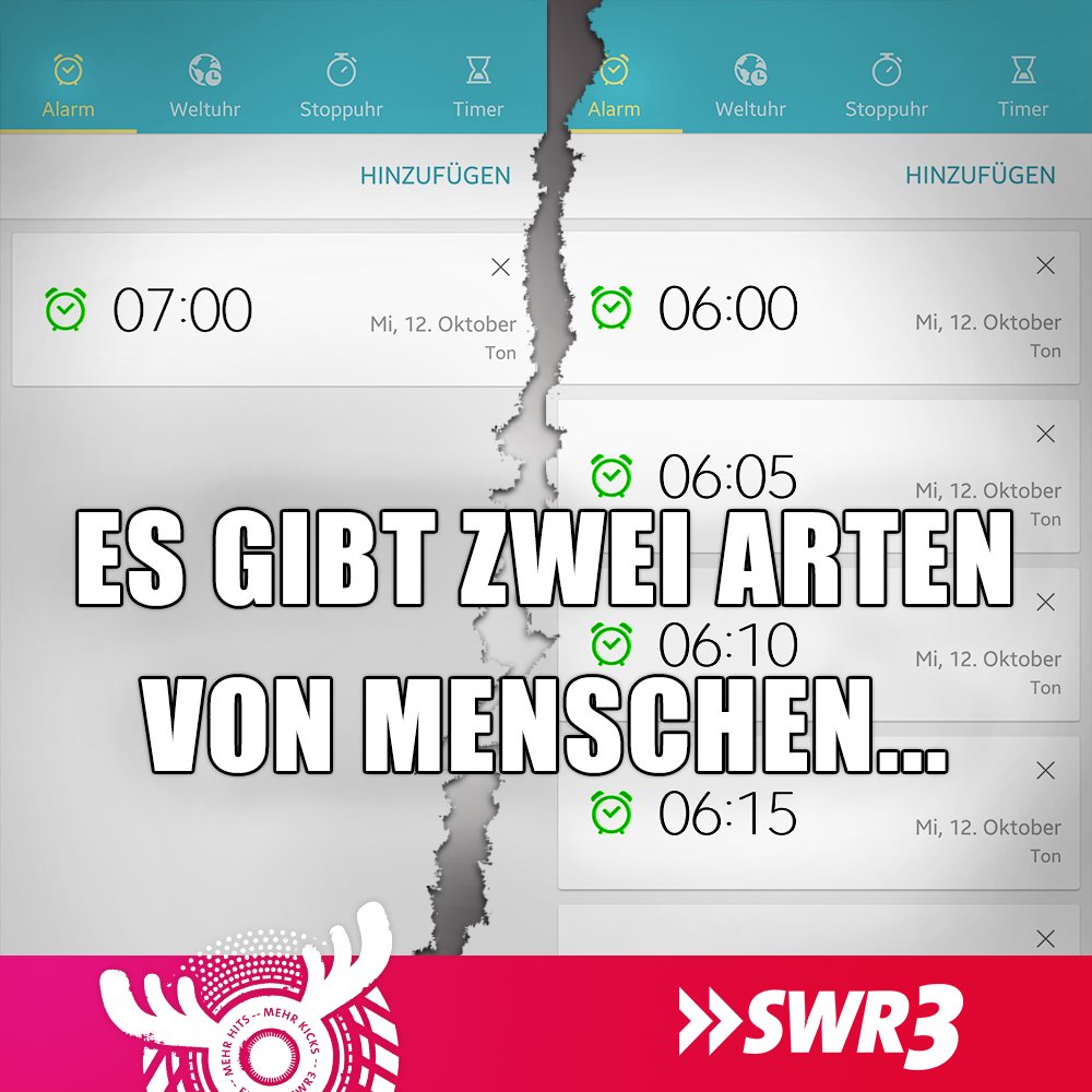 swr3's tweet photo. BlΓΆd nur, wenn der Partner ein Snoozer ist und man selbst nicht. π€
#tosnoozeornottosnooze
#wecker # nervt #snooze https://t.co/VAS9pkAOEc