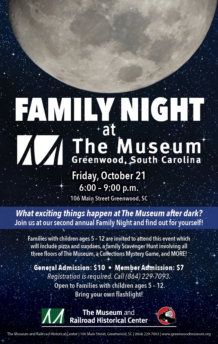 TheMuseumGSC's tweet photo. Join us for a fun-filled night at our 2nd annual Family Night. October 21 6:00-9:00pm! #familyfun #Familyfriendly #Greenwood #SC https://t.co/3KT7gtr49a