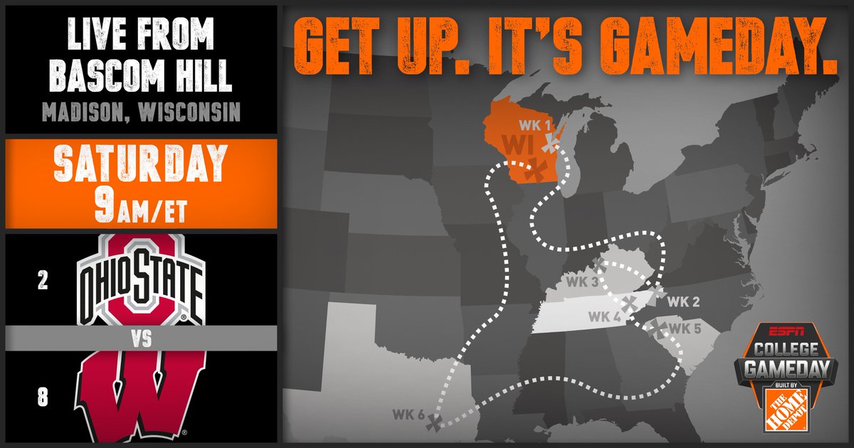 CollegeGameDay's tweet photo. Madison, we're headed your way for @BadgerFootball vs @OhioStateFB.
Saturday, 9AM-Noon from Bascom Hill.
See you there. https://t.co/MxYO3YOYw4